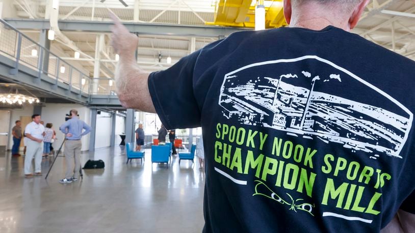 Former Champion Paper employees were invited to tour Spooky Nook Sports Champion Mill Tuesday, Aug. 30, 2022. The Butler County Historical Society displayed photos and items from Champion. NICK GRAHAM/STAFF