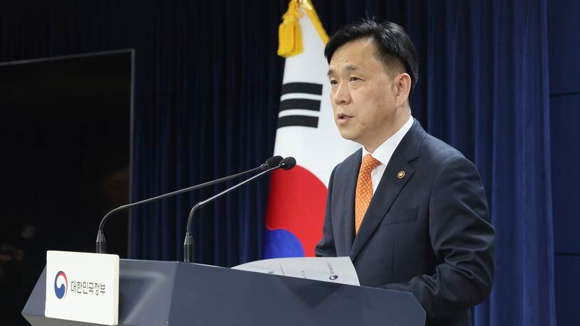 Kang Dohyun, South Korea's second vice technology minister, speaks at a press briefing at the government complex in Seoul, South Korea, Friday, May 10, 2024. South Korea vowed Friday to protect its companies operating in other markets after Japanese regulators told LY Corp., which runs the popular chat app Line in a joint venture with Japan’s SoftBank, to reduce its dependence on its Korean partner, Naver. (Lim Hwa-young/Yonhap via AP)