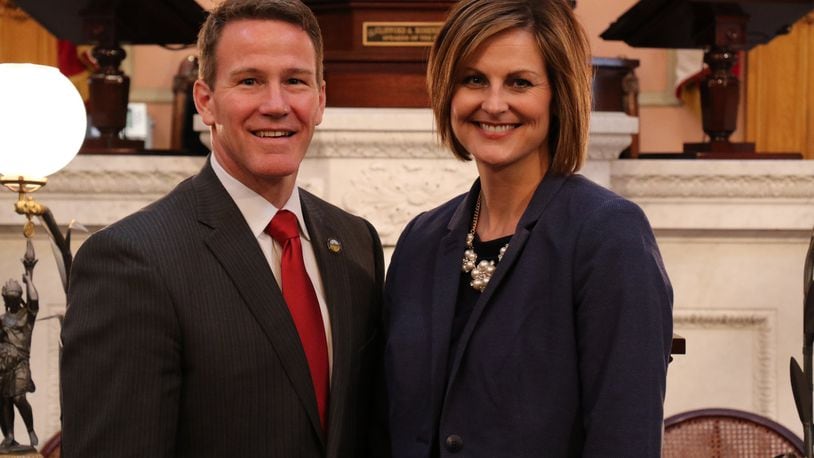 Pictured is Kathy Wyenandt with Ohio Secretary of State Jon Husted after being sworn in on Feb. 26, 2016, as a Butler County Board of Elections member. Wyenandt is resigning that seat on Monday, Dec. 18. CONTRIBUTED