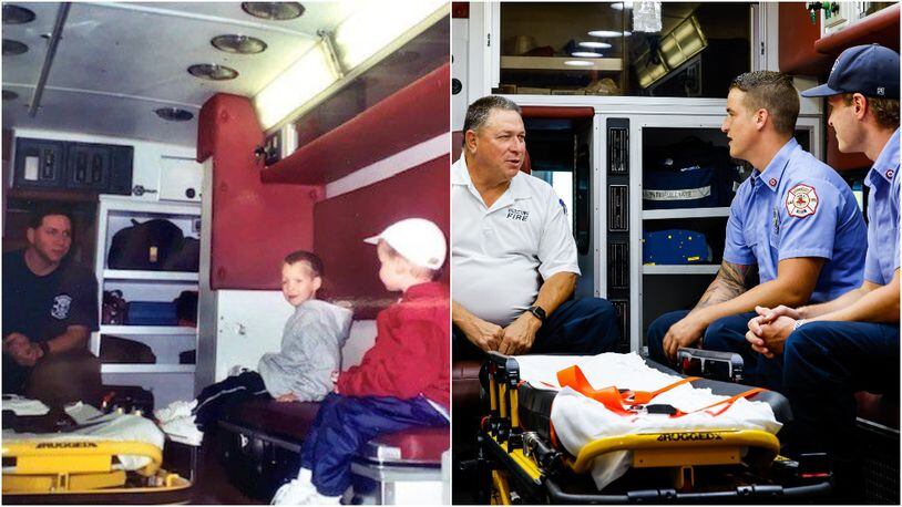LEFT: Lt. Paul Lolli talks to Jacob Lentz and his younger brother, Josh, in the back of a Middletown Division of Fire medic unit about 20 years ago. The Lentz brothers now are Middletown firefighters/paramedics and Lolli is fire chief. RIGHT: Lolli, left, sits with Jacob Lentz, middle, and Josh Lentz, right, inside a medic unit at their headquarters Thursday, August 12, 2021 in Middletown.