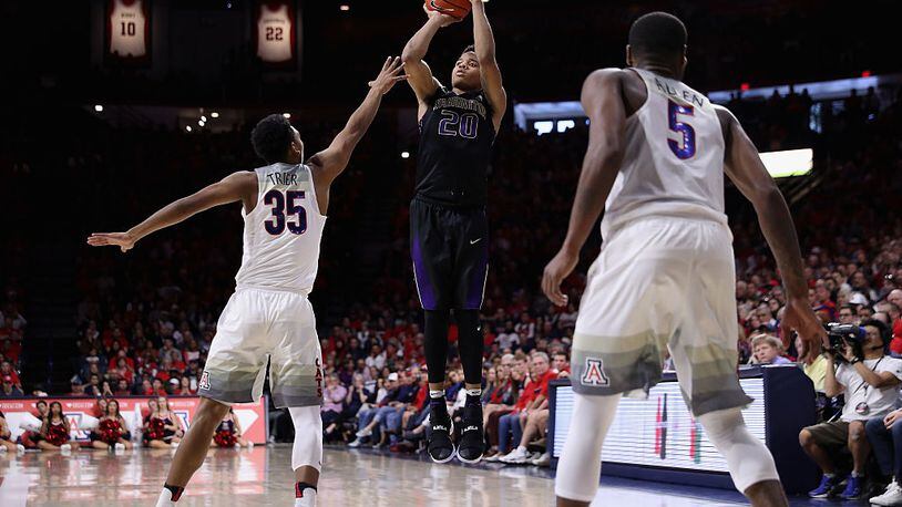 TUCSON, AZ - JANUARY 29: Markelle Fultz #20 of the Washington Huskies attempts a shot over Allonzo Trier #35 of the Arizona Wildcats during the second half of the college basketball game at McKale Center on January 29, 2017 in Tucson, Arizona. The Wildcats defeated the Huskies 77-66. (Photo by Christian Petersen/Getty Images)
