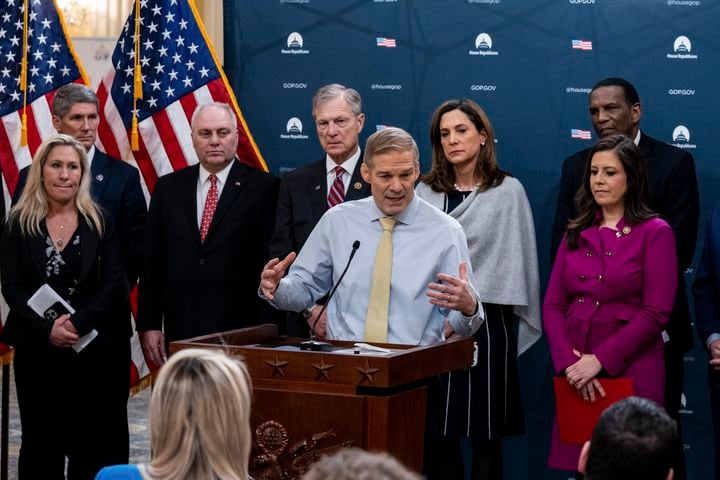 House Republican leadership, including Reps. Jim Jordan (R-Ohio), Steve Scalise (R-La.), Tom Emmer (R-Minn.), Elise Stefanik (R-N.Y.), and Marjorie Taylor Greene (R-Ga.) hold a press conference ahead of President Joe Biden’s State of the Union address, in Washington on Tuesday, Feb. 7, 2023. In his first State of the Union address since the G.O.P. took the lower chamber, the president will call for higher taxes on the wealthy and more social aid to the needy. (Haiyun Jiang/The New York Times)