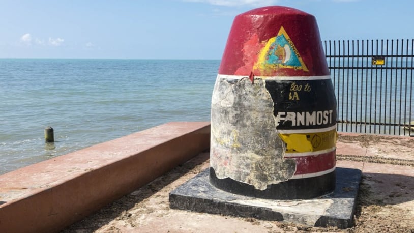 The marker at the southernmost point, in Key West, shows the damage from Hurricane Irma Thursday, September 14, 2017.