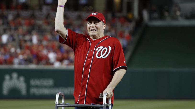 House Majority Whip Steve Scalise throws out the ceremonial first pitch before Game 1 of the National League Division Series between the Washington Nationals and the Chicago Cubs, at Nationals Park.