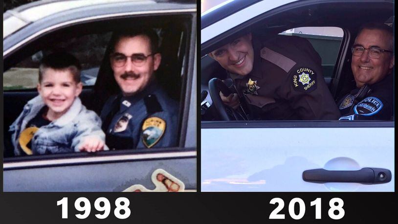 Auburn Police Officer Andy Gould and his son in 1998 and 2018. (Auburn Police Department via KIRO7.com)