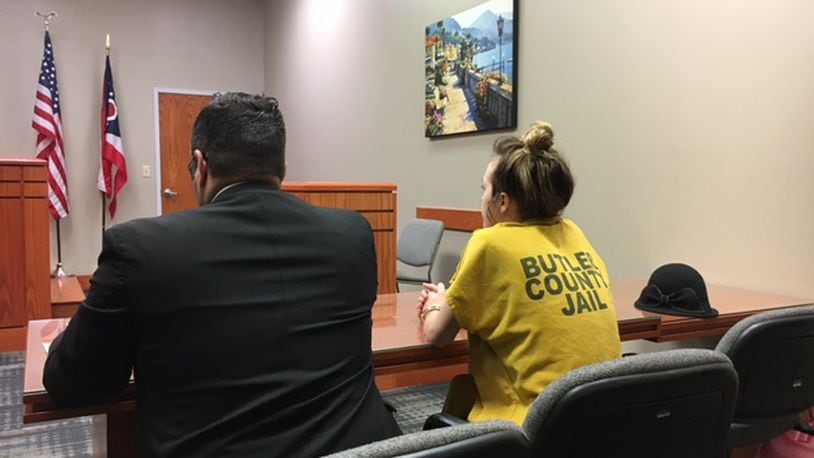 Alyson Tester, with attorney Frank Schivone IV, was arraigned today in Butler County Juvenile Court for misdemeanort child endangering. LAUREN PACK/STAFF