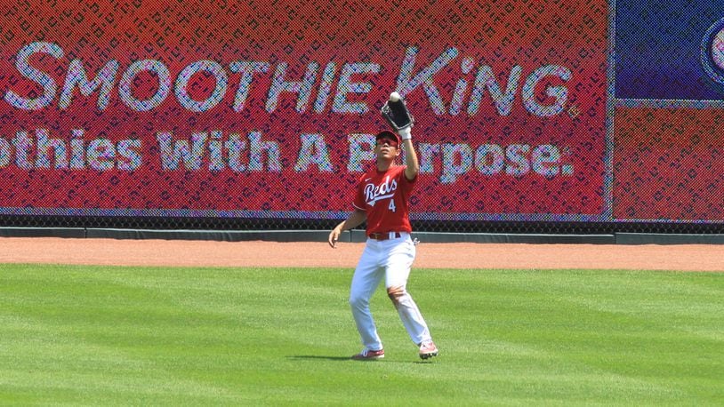 Reds left fielder Shogo Akiyama makes a catch against the Tigers on Sunday, July 26, 2020, at Great American Ball Park in Cincinnati. David Jablonski/Staff