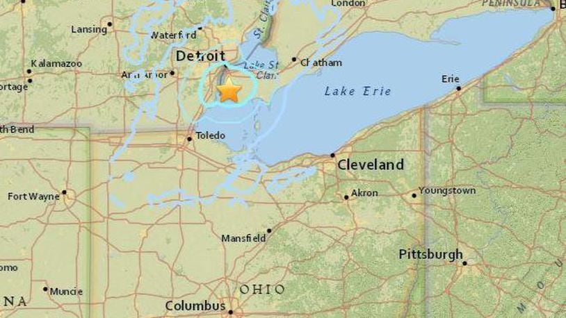 A map of the Detroit area shows where an earthquake struck Thursday night.