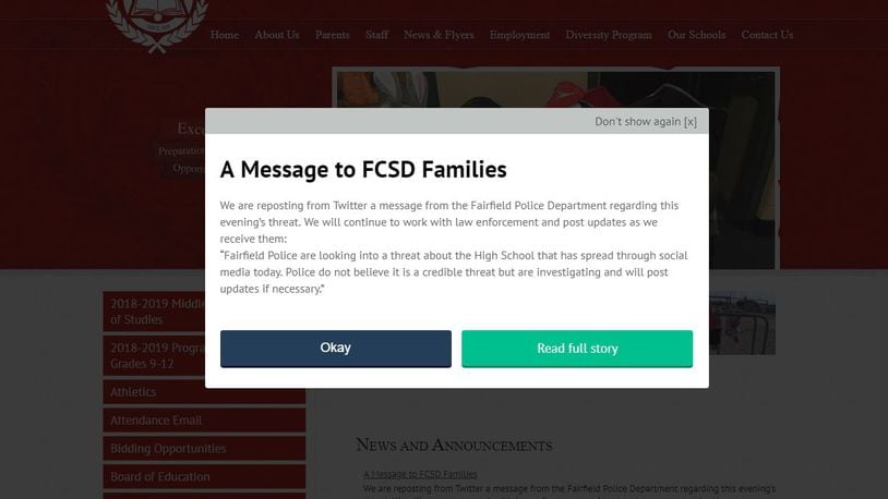 This is the post on the Fairfield City School District’s website about the alleged social media threat made regarding the high school.