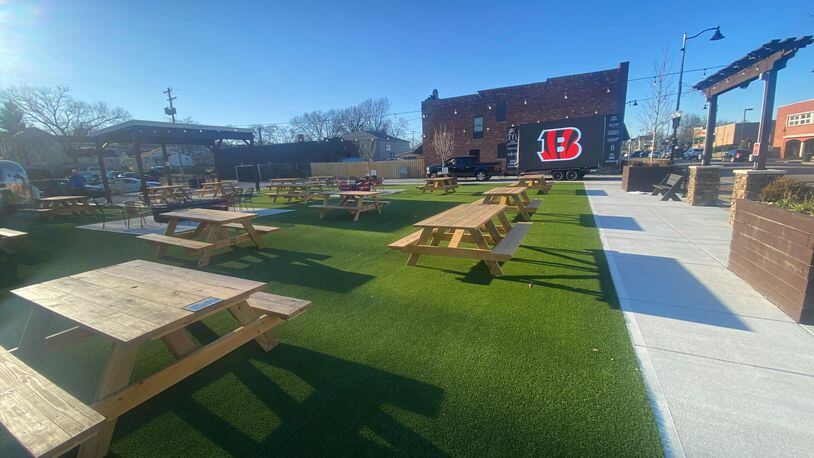 A jumbo screen that was used over the summer for West Side Little League championship viewing at Municipal Brew Works will be outside at Hamilton’s Urban Backyard this Sunday for the Bengals game. TRACE FOWLER/CONTRIBUTED