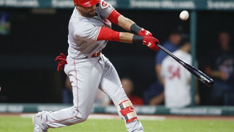 CLEVELAND, OH - JULY 10: Jose Peraza #9 of the Cincinnati Reds hits an RBI single off Cody Allen #37 of the Cleveland Indians during the ninth inning at Progressive Field on July 10, 2018 in Cleveland, Ohio. The Reds defeated the Indians 7-4. (Photo by Ron Schwane/Getty Images)