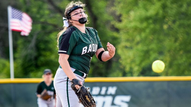 Badin’s Nicole Rawlings throws a pitch during a game against Ross on April 27 at Carl Schatt Field in Hamilton. NICK GRAHAM/STAFF