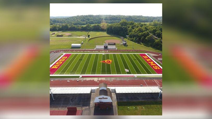 The first artificial turf sports field in Ross Schools’ history is almost completely installed after some delays, say officials of the Butler County school system. The new field, pictured here from a aerial drone, will be ready for girls and boys sports teams by Aug. 21, when students return to classes for the new school year. (Provided photo)