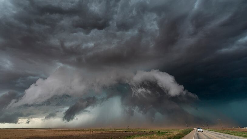 A monster of a storm over the plains of Texas taken from a chase vehicle on a highway