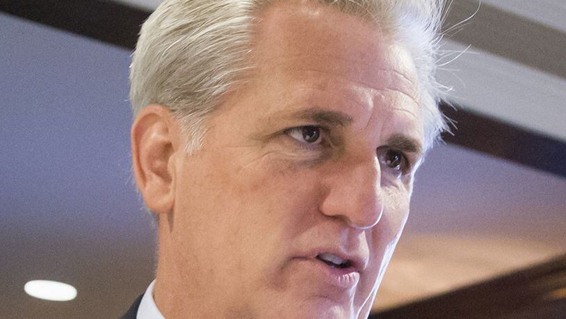 FILE - In this Dec. 8, 2015 file photo, Majority Leader Kevin McCarthy, R-Calif. speaks with a reporter on Capitol Hill in Washington. McCarthy said Monday, Feb. 1, 2016, a bipartisan overhaul of the nation’s criminal justice system could end up waiting until next year. (AP Photo/J. Scott Applewhite, File)