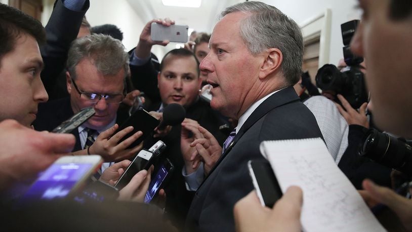 Chairman of the House Freedom Caucus Mark Meadows (R-NC) speaks to reporters after coming out of a closed door meeting with other members, on Capitol Hill on Thursday in Washington, DC. Some Freedom Caucus Republicans were still holding out Friday on casting a “yes” vote for Trumpcare. (Photo by Mark Wilson/Getty Images)