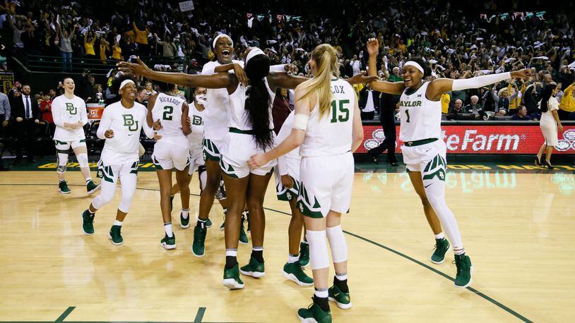 Baylor players celebrate after defeating top-ranked Connecticut on Thursday night.