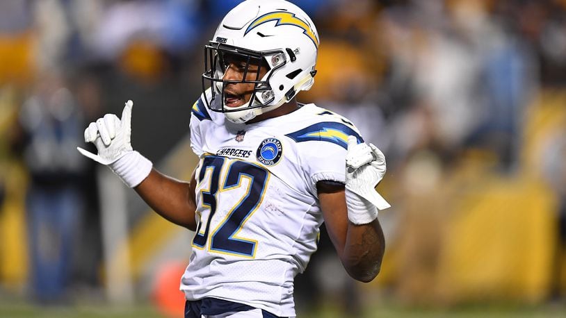 PITTSBURGH, PA - DECEMBER 02: Justin Jackson #32 of the Los Angeles Chargers reacts after rushing for an 18 yard touchdown in the fourth quarter during the game against the Pittsburgh Steelers at Heinz Field on December 2, 2018 in Pittsburgh, Pennsylvania. (Photo by Joe Sargent/Getty Images)