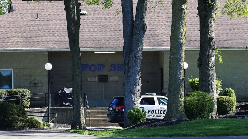 Police were still on the scene Sunday, May 8, 2022, at FOP Lodge 38 in Hamilton after a fatal shooting there on Saturday night. One person died and three were wounded as a result of the shooting. NICK GRAHAM/STAFF