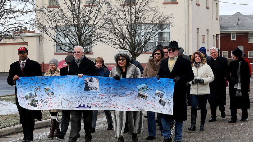 2016 FILE PHOTO: Middletown community and religious leaders, as well as residents, braved the below-freezing temperatures to walk in the annual Martin Luther King Jr. March in Middletown on Sunday, Jan. 17, 2016. The march was followed by an Ecumenical Service at St. John’s Catholic Church/Holy Family Parish on 1st Ave. CONTRIBUTED/E.L. HUBBARD