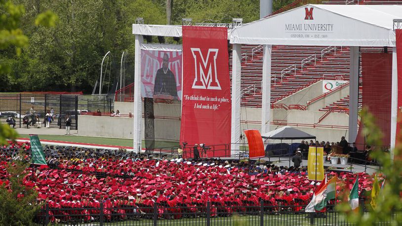 Starting this evening(CQ) Miami University will conduct a series of graduations outdoor at Yager Stadium through Sunday evening. As a precaution against the spread of the coronavirus, the university will for the first hold nine separate graduation commencements with limited attendance by family members, social distancing and a mask requirement. (File Photo\Journal-News)