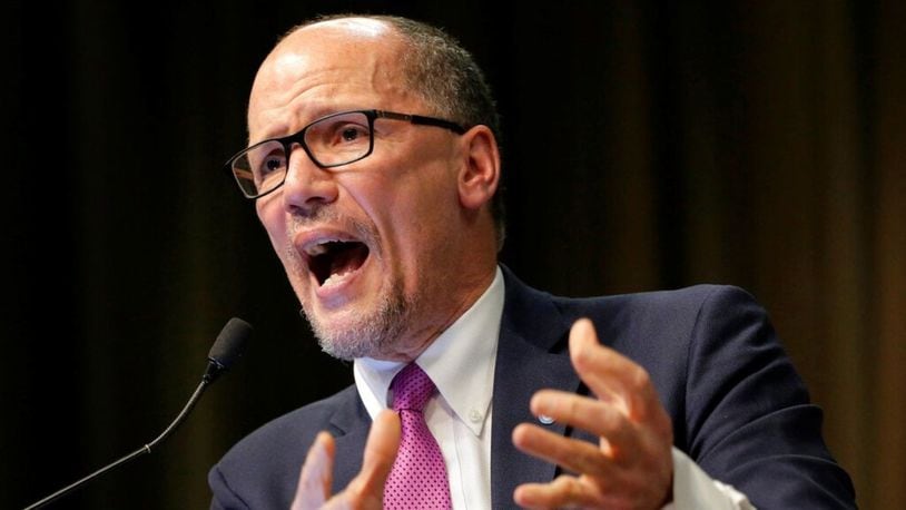 In this April 3, 2019, photo, Tom Perez, chairman of the Democratic National Committee, speaks during the National Action Network Convention in New York. The Democratic National Committee is upping the ante for its second round of presidential primary debates, doubling the polling and grassroots fundraising requirements from its initial summer debates. The parameters, announced Wednesday, May 29, 2019, are likely to help cull a crop of nearly two dozen candidates and, in the process, intensify scrutiny on Democratic Chairman Perez and his pledge to give all candidates a chance to be heard.