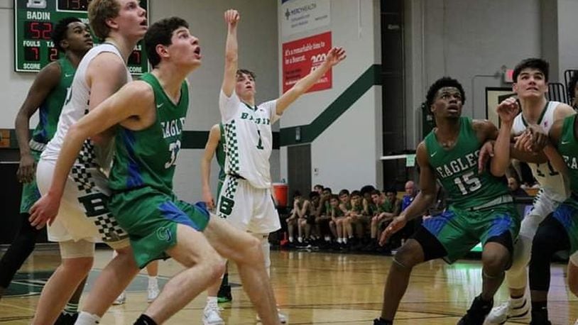 Badin’s Joseph Walsh (1) watches his foul shot during Friday night’s game against Chaminade Julienne at Mulcahey Gym in Hamilton. CJ won 58-54. CONTRIBUTED PHOTO BY TERRI ADAMS