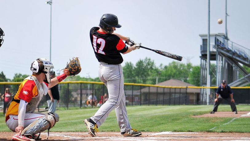 Franklin’s Casey Judy connects for a double during their Division II district championship baseball game against Fenwick on May 24, 2019, at Miamisburg High School in Miamisburg. Franklin won 11-2. NICK GRAHAM/STAFF
