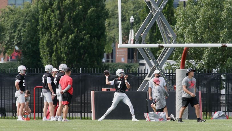 C.J. Stroud throws a pass at the first Ohio State practice of the season on Thursday, Aug. 4, 2022, at the Woody Hayes Athletic Center in Columbus. David Jablonski/Staff
