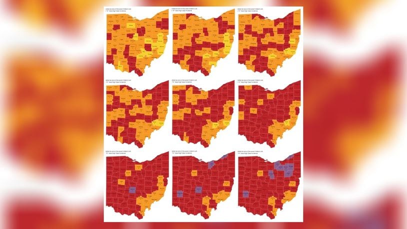 Butler County coronavirus advisory maps show the worsening coronavirus situation in the state. From top left, these are maps from Oct. 8, Oct. 15, Oct. 22, Oct. 29, Nov. 5, Nov. 12, Nov. 19, Nov. 26 and Dec. 3.