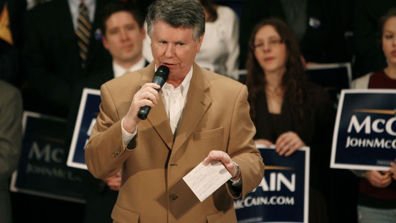 Local radio talk show host Bill Cunningham speaks to Sen. John McCain supporters before the Republican presidential hopeful’s arrival at a campaign event at Memorial Hall Tuesday, Feb 26, 2008, in Cincinnati. (AP Photo/David Kohl)