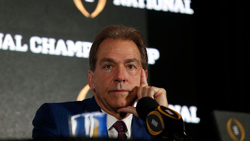 TAMPA, FL - JANUARY 8: Head coach Nick Saban of the Alabama Crimson Tide speaks to members of the media during the College Football Playoff National Championship Head Coaches Press Conference on January 8, 2017 at the Tampa Convention Center in Tampa, Florida. (Photo by Brian Blanco/Getty Images)