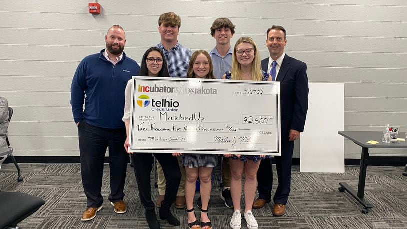 An entrepreneurial team from Lakota West High School is now one of only five nationwide to be chosen to compete in a "Shark Tank" business competition later this month in Chicago. Pictured is the MatchedUp team after a regional win of funding for their business idea. (Provided Photo\Journal-News)