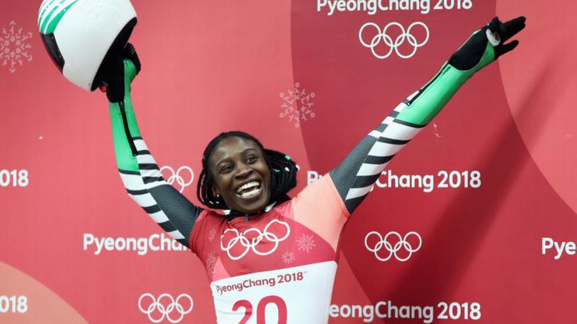 PYEONGCHANG-GUN, SOUTH KOREA - FEBRUARY 17:  Simidele Adeagbo of Nigeria reacts as she finishes a run during the Women's Skeleton on day eight of the PyeongChang 2018 Winter Olympic Games at Olympic Sliding Centre on February 17, 2018 in Pyeongchang-gun, South Korea.  (Photo by Clive Mason/Getty Images)
