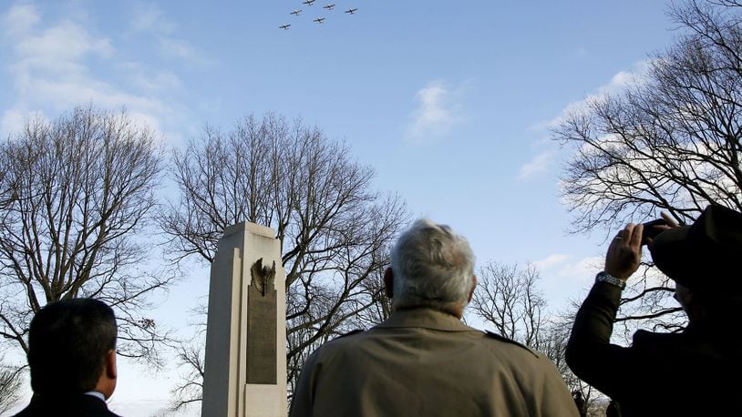 Pilots from MacAir Aero Club in Greene County flew in formation over the Wright Brothers Memorial in 2015 where the 112th Anniversary of the the first powered airplane flight was remembered with speeches, a wreath laying and a written proclamation from then-President Obama declaring December 17 to be Wright Brothers Day. TY GREENLEES / STAFF