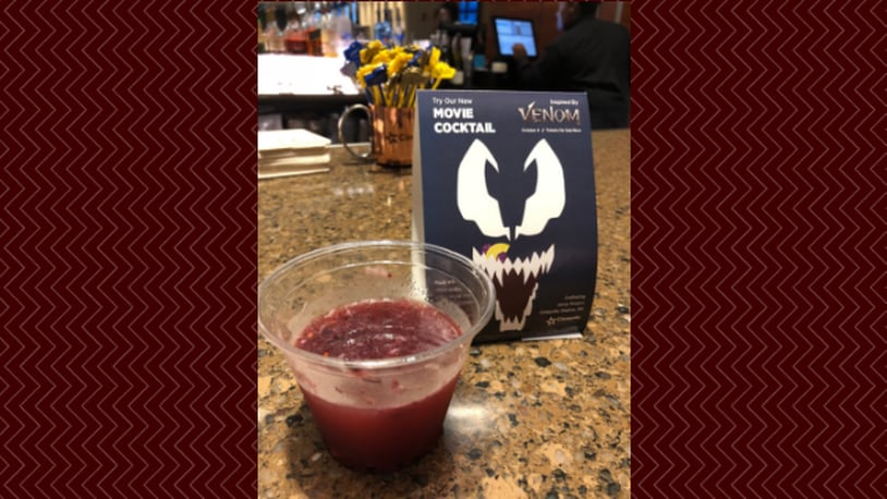 This "Venom" inspired cocktail was concocted here in Dayton by Cinepolis bartender Jenny Wagers. Featuring citron vodka, agave nectar, and muddled blackberries, this drink packs a ton of flavor and is the official signature cocktail for the film at every Cinépolis location in the United States. CONTRIBUTED