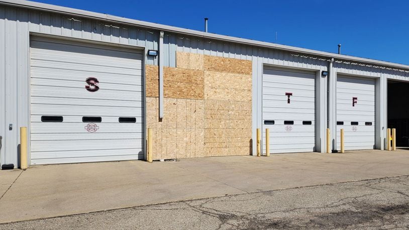 A fire station at Hamilton Trenton Road in St. Clair Twp. is partially boarded up April 10, 2023 after a vehicle crashed into it April 9. NICK GRAHAM/STAFF