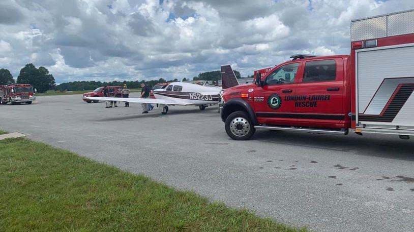 Sam Nelson, 71, of Middletown, landed his plane safely Sunday afternoon after feeling dizzy while flying from Middletown to Florida. Several medical vehicles responded to the London-Corbin Airport. PHOTO COURTESY OF LONDON-LAUREL RESCUE SQUAD