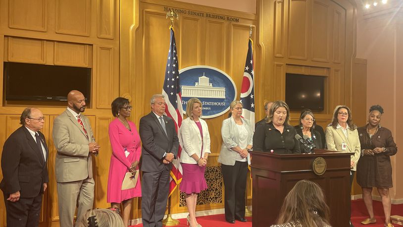Ohio Democrats announced May 17 they will seek a state constitutional amendment to protect abortion rights. House Minority Whip Jessica Miranda, D-Forest Park, speaks at the Statehouse, backed by fellow legislators.