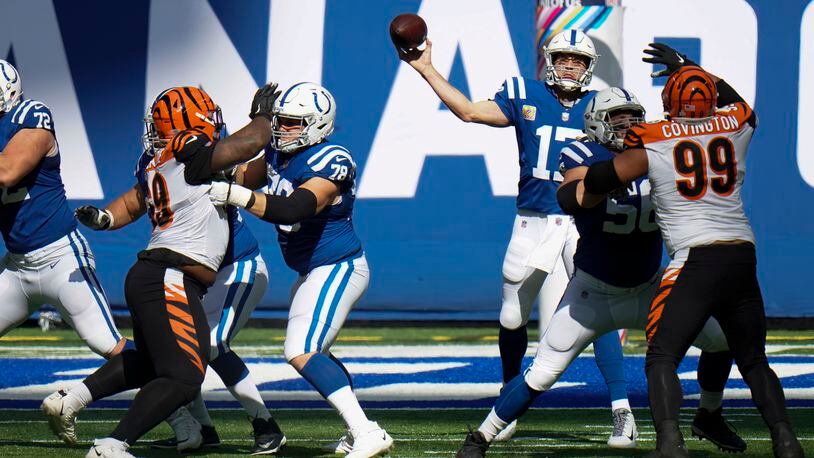 Indianapolis Colts quarterback Philip Rivers (17) throws during the first half of an NFL football game against the Cincinnati Bengals, Sunday, Oct. 18, 2020, in Indianapolis. (AP Photo/AJ Mast)