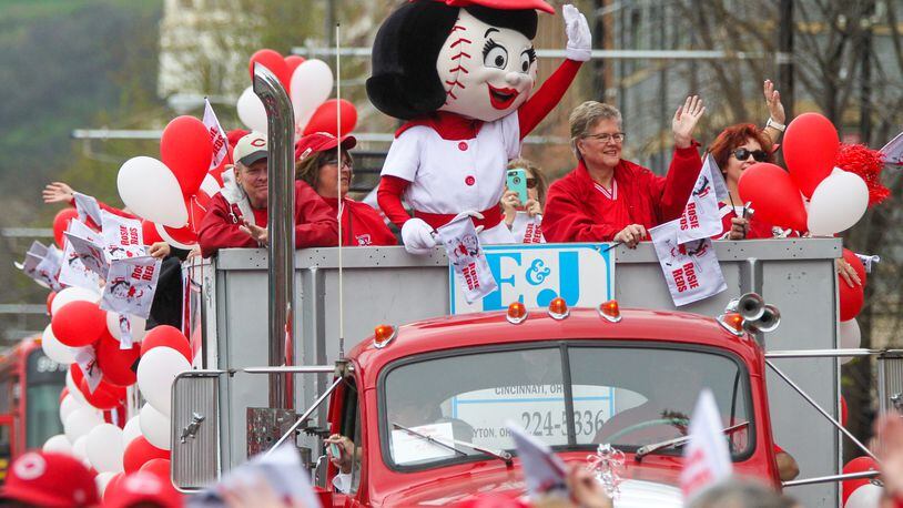 Rosie Red waves to the crowd, on Opening Day for the Cincinnati Reds, Monday, Apr. 3, 2017. GREG LYNCH / STAFF