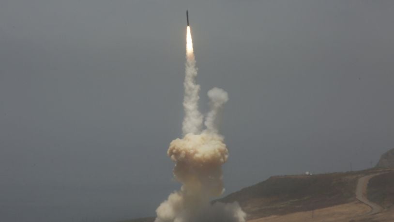 A ground-based interceptor missile is launched from Vandenberg Air Force Base, California, on Tuesday May 30, 2017. On the tip of the missile, the exo-atmospheric kill vehicle successfully intercepted and destroyed an intercontinental ballistic missile target launched from the South Pacific during a test of the Ground-based Midcourse Defense (GMD) element of the nation’s ballistic missile defense system. (Al Seib/Los Angeles Times/TNS)