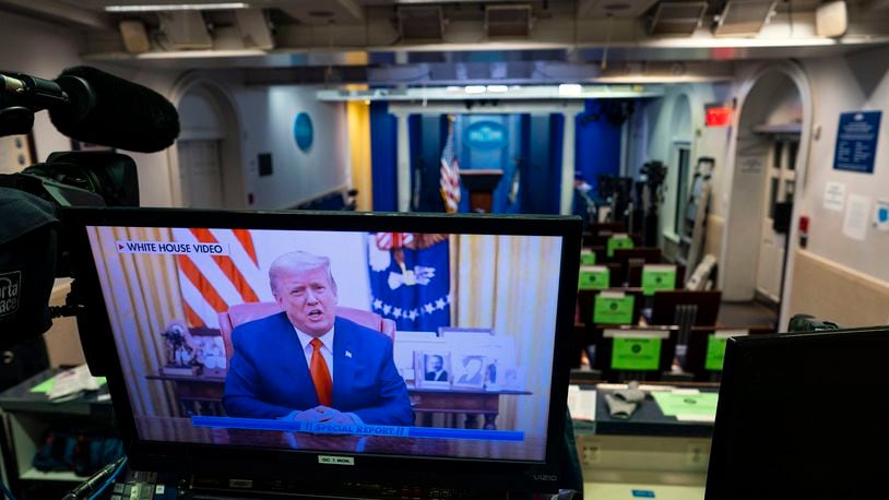 Video of President Donald Trump is displayed on a monitor in the briefing room of the White House after the House of Representatives voted 232 to 197 to impeach him for inciting a violent insurrection against the U.S. government on Wednesday, Jan. 13, 2021. Ten Republicans joined Democrats in voting to impeach. (Doug Mills/The New York Times)
