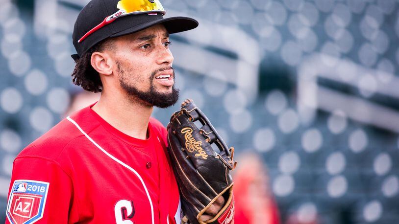 GOODYEAR, AZ - FEBRUARY 23: Billy Hamilton of the Cincinnati Reds looks on before a game against the Cleveland Indians during a Spring Training Game at Goodyear Ballpark on February 23, 2018 in Goodyear, Arizona. (Photo by Rob Tringali/Getty Images)