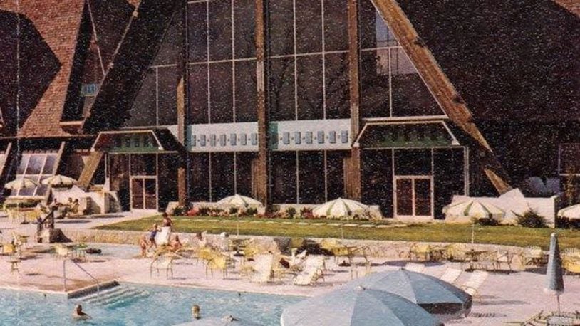 The pool area and rear of the Hueston Woods Lodge is shown in this undated photo from a lodge brochure provided by the Smith Library of Regional History. CONTRIBUTED