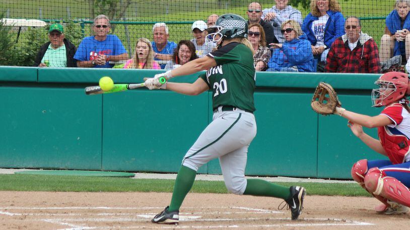 Badin’s Sam Sander swings for her team’s only hit in the second inning of a Division III regional semifinal Wednesday against Springfield Northwestern at Wright State University. CONTRIBUTED PHOTO BY GREG BILLING