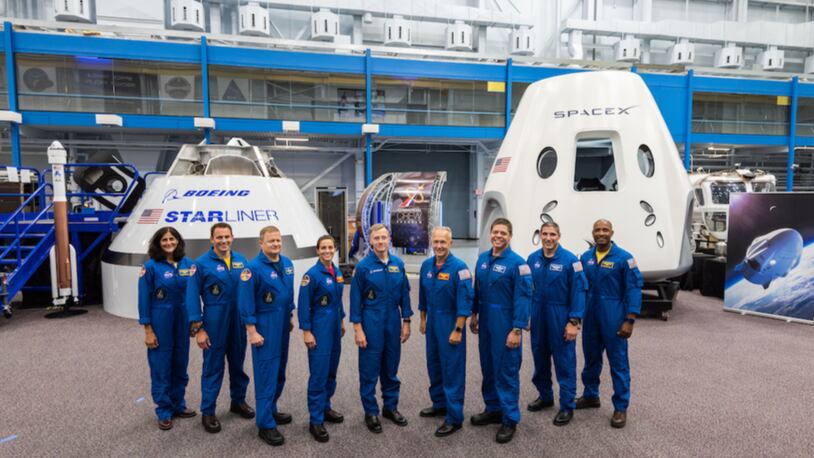 On Aug. 3, 2018, NASA introduced the first U.S. astronauts who will fly on American-made, commercial spacecraft to and from the International Space Station – an endeavor that will return astronaut launches to U.S. soil for the first time since the space shuttle’s retirement in 2011. The astronauts are, from left to right: Sunita Williams, Josh Cassada, Eric Boe, Nicole Mann, Christopher Ferguson, Douglas Hurley, Robert Behnken, Michael Hopkins and Victor Glover.
