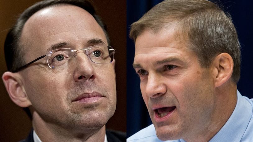 Rep. Jim Jordan (right) and House conservatives appear poised to force a floor vote on impeaching U.S. Deputy Attorney General Rod Rosenstein (left) even though Rosenstein is supervising the job of Special Counsel Robert Mueller and his investigation into Russian interference in the 2016 election. Getty Images