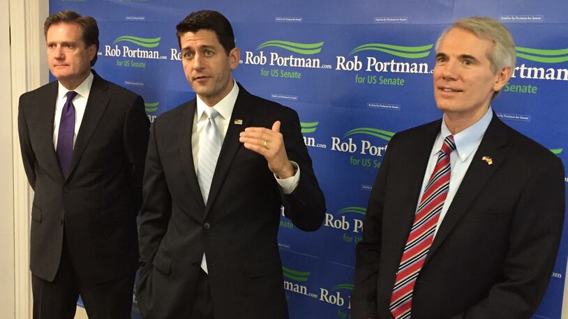 U.S. House Speaker Paul Ryan (center) campaigned in Centerville for Sen. Rob Portman (right). U.S. Rep. Mike Turner, D-Dayton was also there (left).