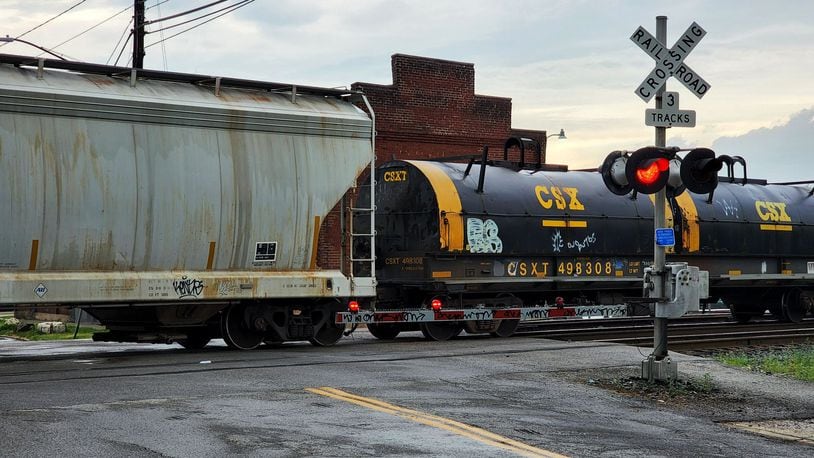 The Ohio Supreme Court decision has Butler County residents feeling trapped by blocked railroad crossings. A CSX freight train had a broken wheel while in transit, forcing it tp stop. Several rail intersections in the downtown Hamilton area were blocked as a result on Wed., July 6, 2022. NICK GRAHAM/STAFF
